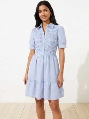 J.Crew Blue & White Striped Smocked Tiered Shirt Dress | Size M
